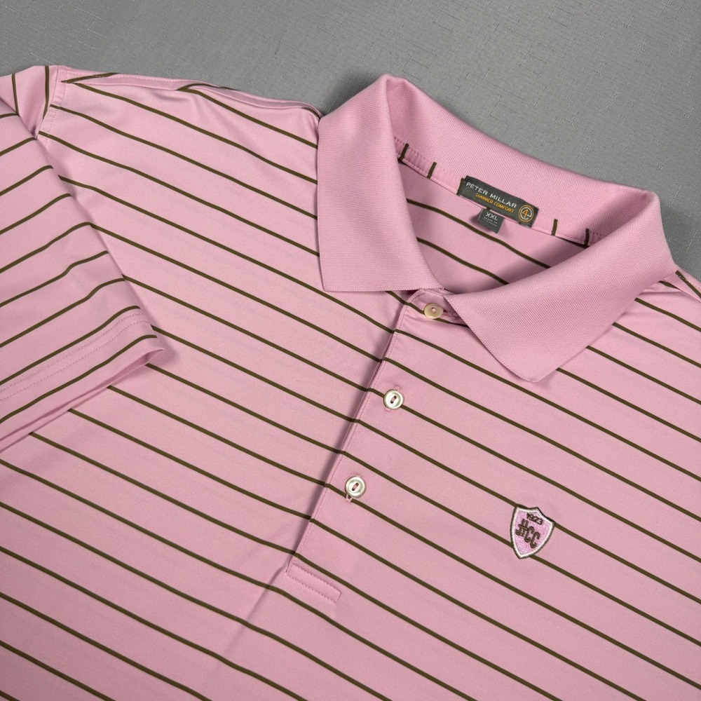 Peter Millar Summer Comfort Polo Shirt Mens XXL Pink Brown Stripe HCC 1923 Golf